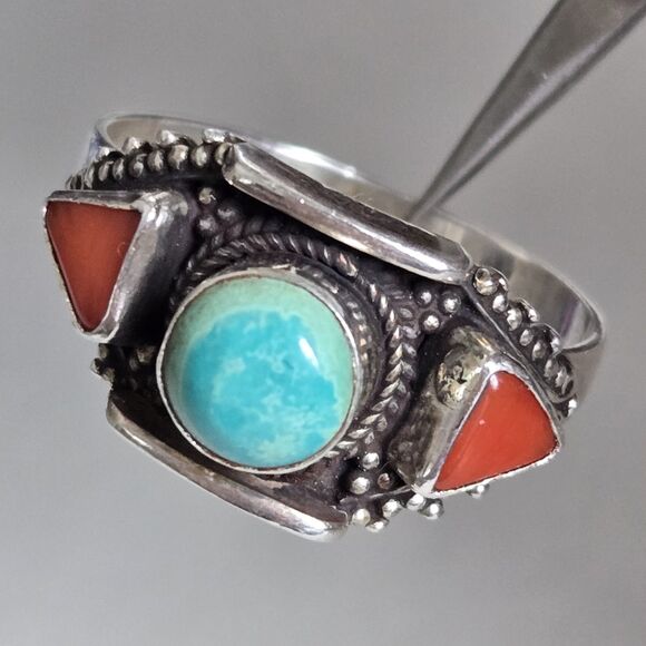 Mens Turquoise Coral 925 Sterling Ring Vintage Tibetan Boho Statement Sz 10.5 - Picture 3 of 12